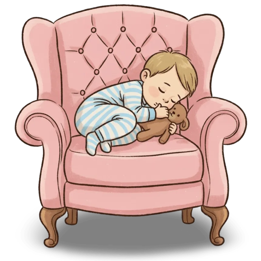 Kreslené spící dítě sedící na křesle s medvídkem